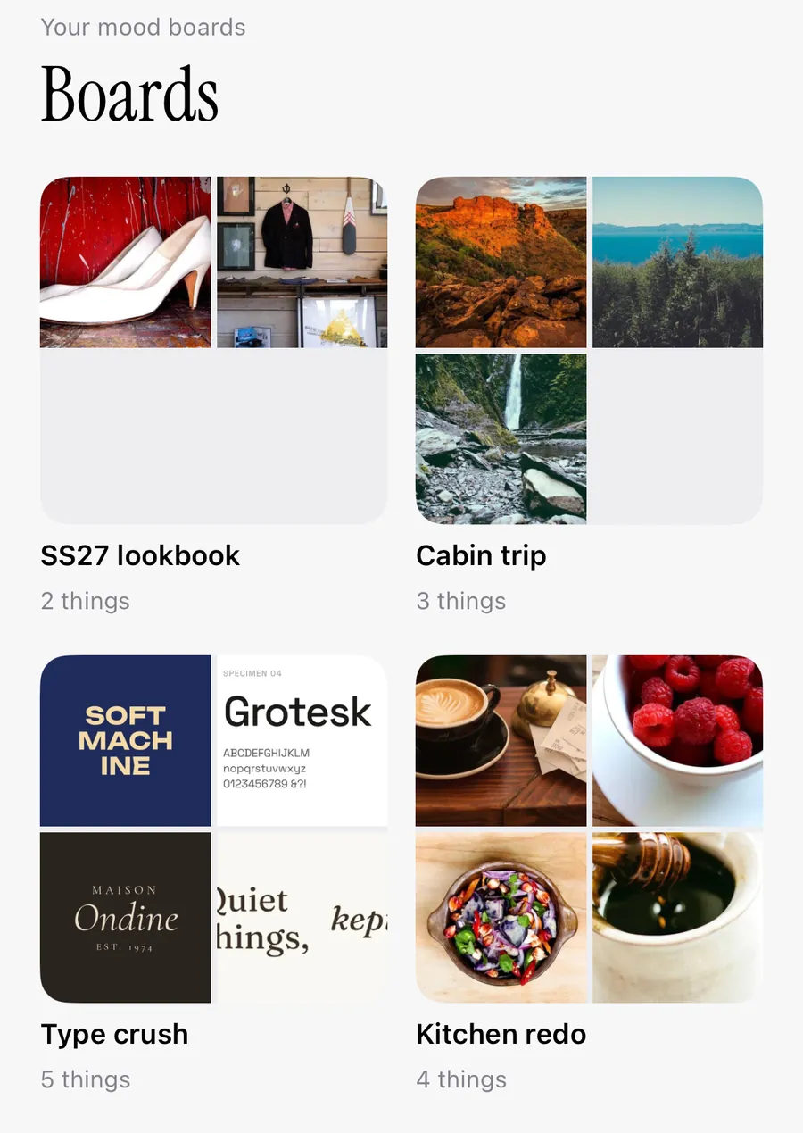 Muse Boards screen with four mood boards