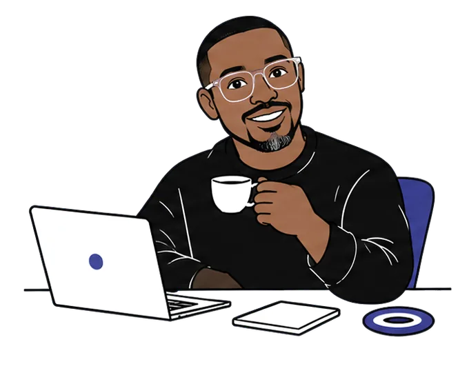 Illustration of Ryan at his desk with a laptop and a coffee