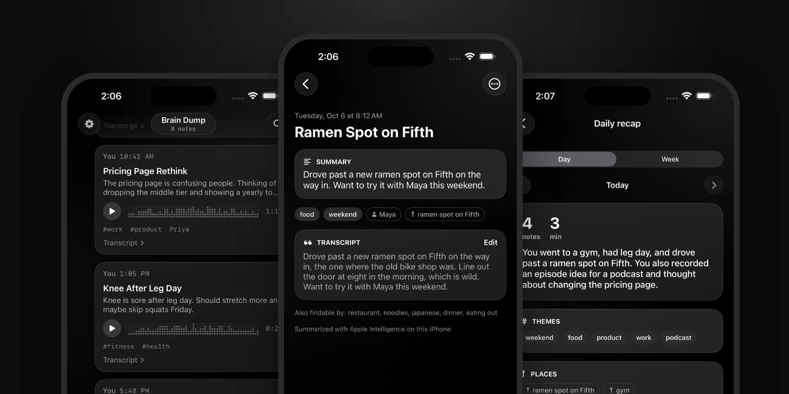 Brain Dump on iPhone: timeline, a note with its summary and the daily recap