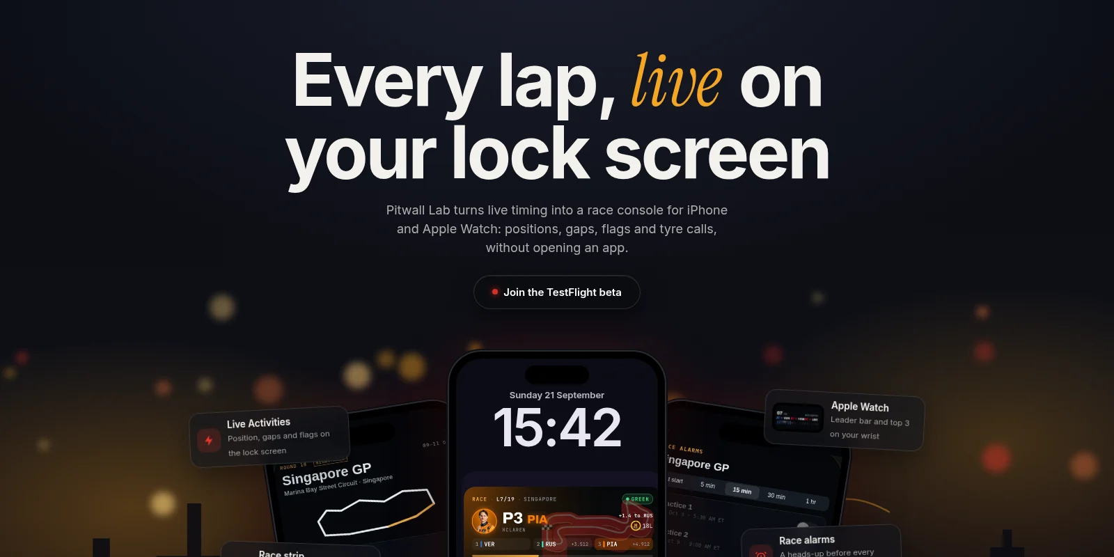Pitwall Lab landing page: three iPhones showing the lock screen Live Activity, race weekend and race alarms